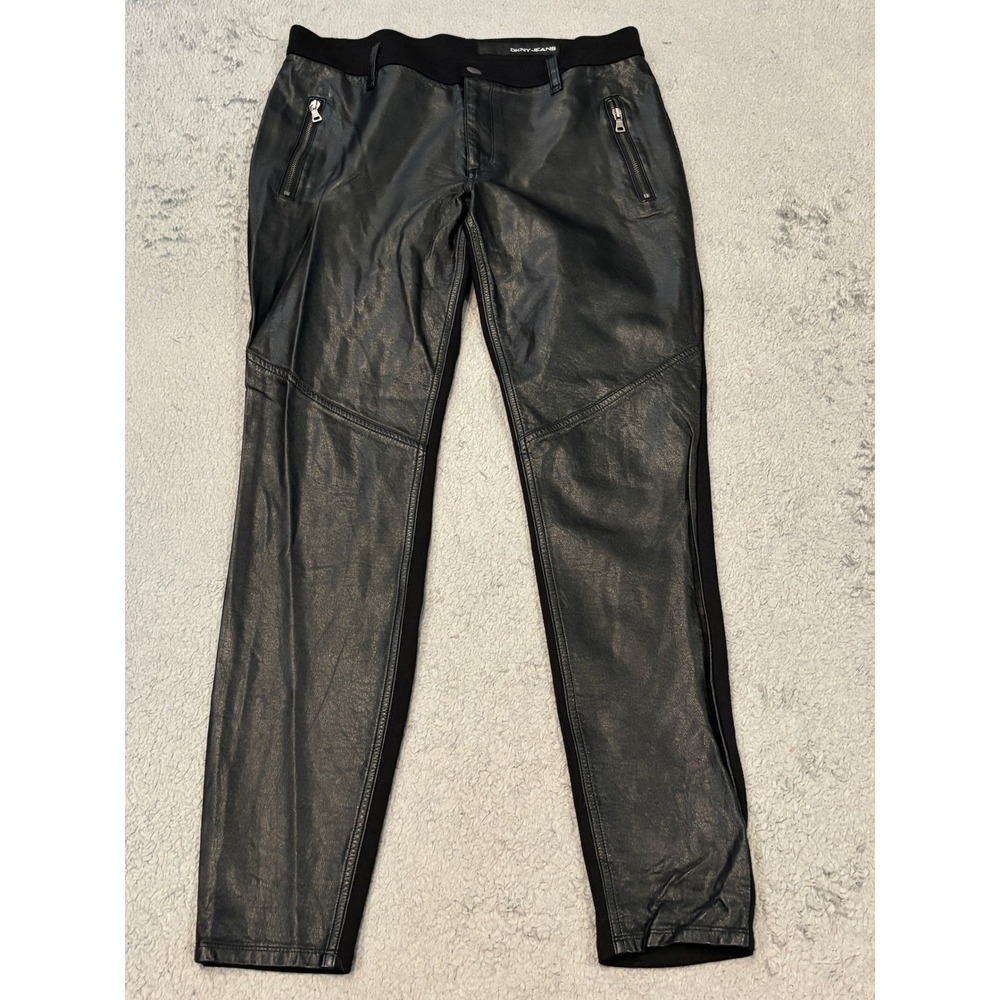 DKNY Jeans Womens Faux Leather Front Pants Black Moto Slim Leg Size 6